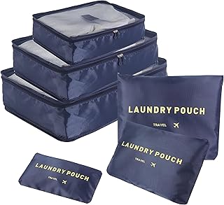 منظم السفر - رفيق سفر ممتاز يتكون من 6 قطع متعددة الاستخدامات، مصنوعة من قماش مقاوم للماء. مثالي للملابس، والإكسسوارات، والحفاظ على تنظيم الحقائب أثناء الرحلات متعدد الالوان (ازرق داكن)