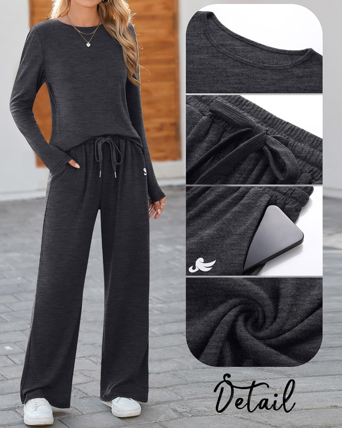 Ficerd Women's 2 Piece Casual Tracksuit Long Sleeve Lounge Sets Crew Neck Pullover Tops Long Pants with Pockets Outfits - Image 5