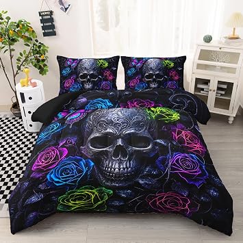 AILONEN Colorful Skull Floral Art Twin Comforter 3 Piece, 1 Comforter + 2 Pillowcases, Dark Artistic Bedroom Style for Gamer Dorm Room and Personal Bedroom
