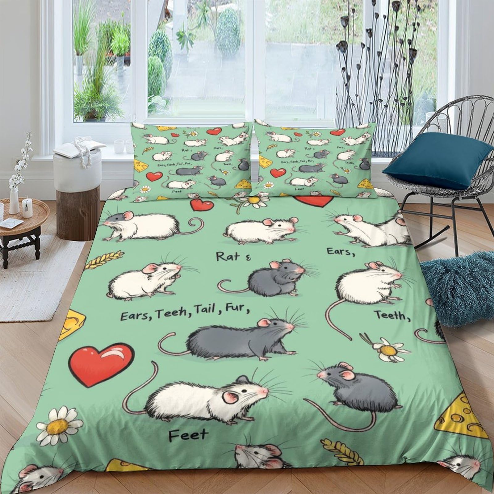 GPLZQXKJNH 3D Printed Cute Rat Pattern Duvet Cover Microfiber Soft Green Bedding Set with 2 Pillowcases for Bedroom Decor Single（135x200cm）