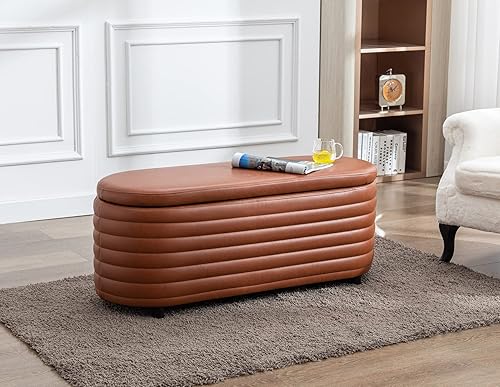 Miniatura 6 de Banco otomano de almacenamiento de 45.5 pulgadas, tapizado, de piel sintética, banco de dormitorio para sala de estar, dormitorio y pasillo, banco