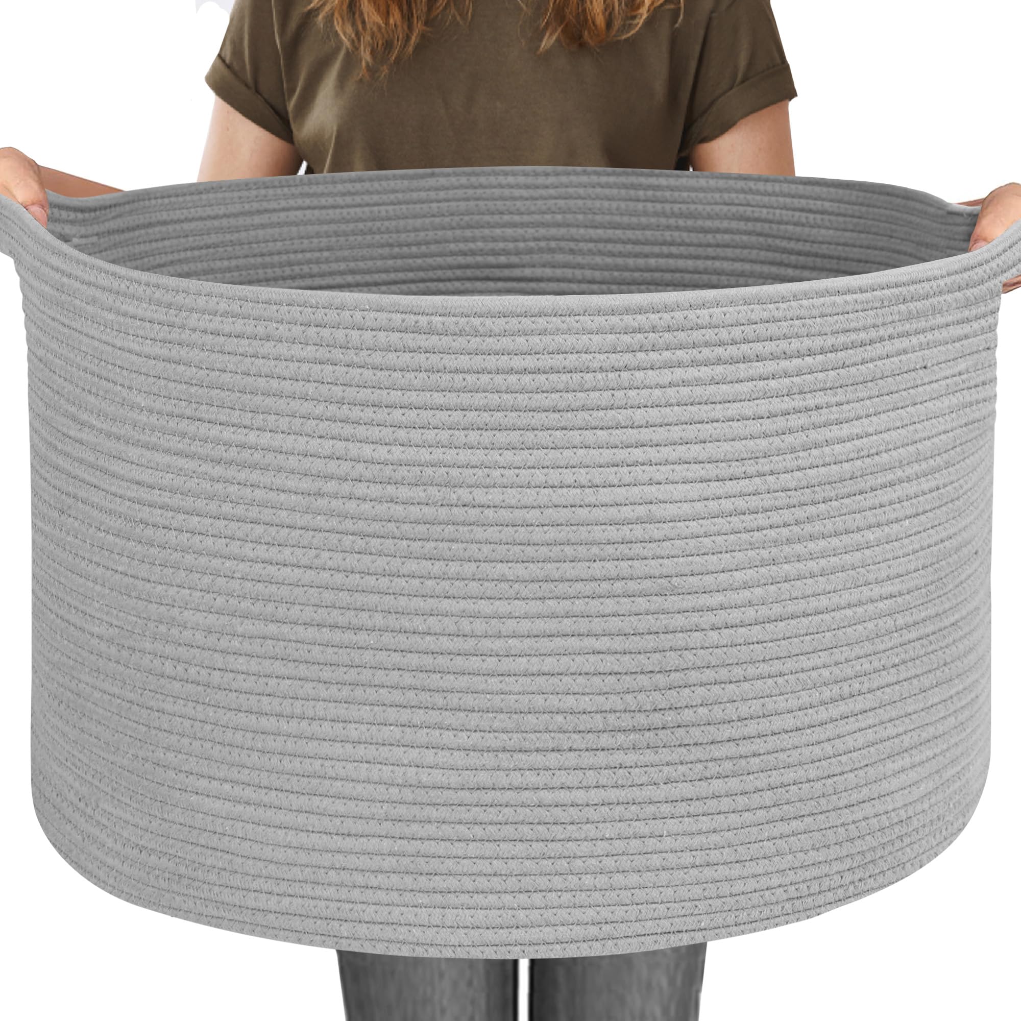 MEGASKET 115L Super Large Gray Blanket Basket, 23.6"x15.7" Woven Cotton Rope Storage Basket for Laundry, Towel, Pillow, Oversized Kids Dog Toy Storage Bin, Grey XXXL Blanket Holder for Living Room