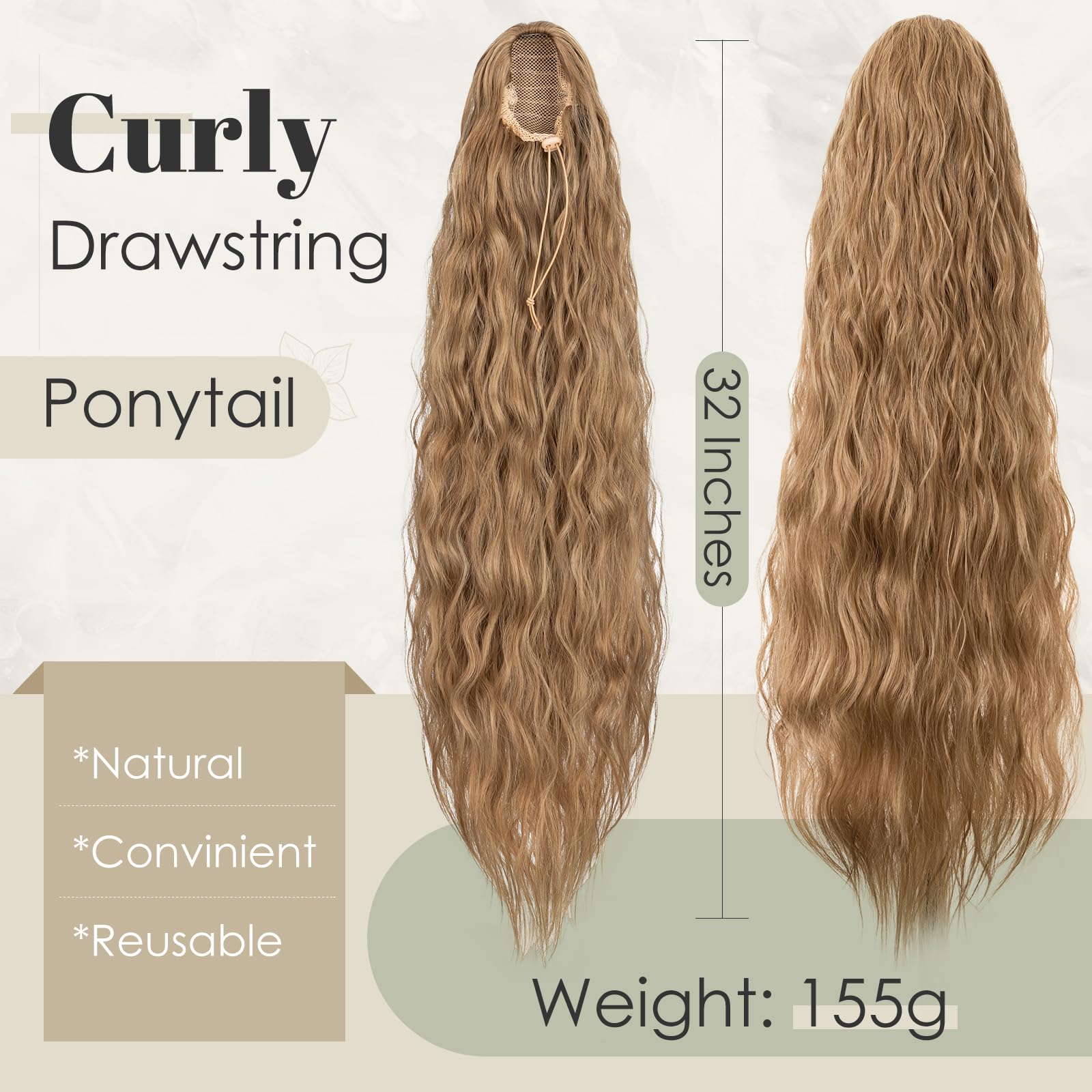 TESS 32 Inches Drawstring Ponytail Extension, Corn Curl Hair Pieces for Women 155g Curly Ponytail Extension, Light Brown - Image 2