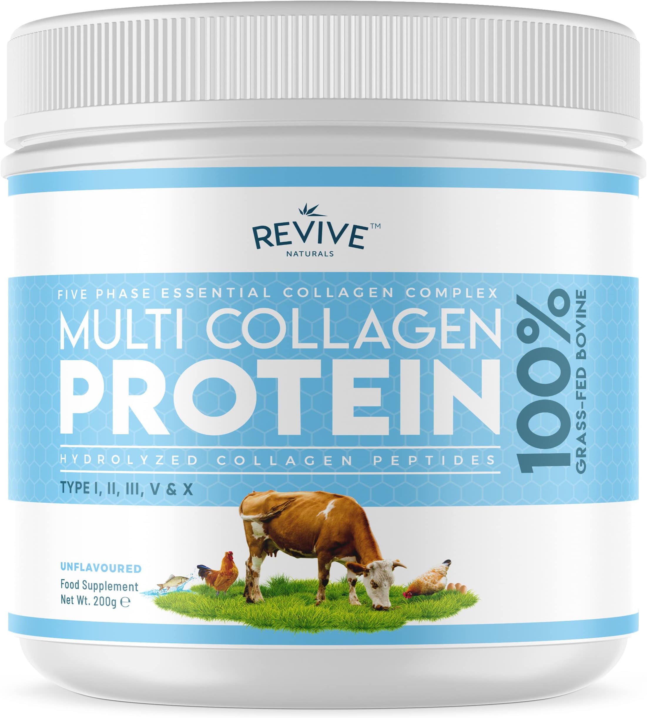 Multi Collagen Protein Powder (200g) - Types I, II, III, V & X - Hydrolyzed Grass Fed Bovine, Wild Caught Fish, & Free-Range Chicken & Eggshell Collagen by Revive Naturals