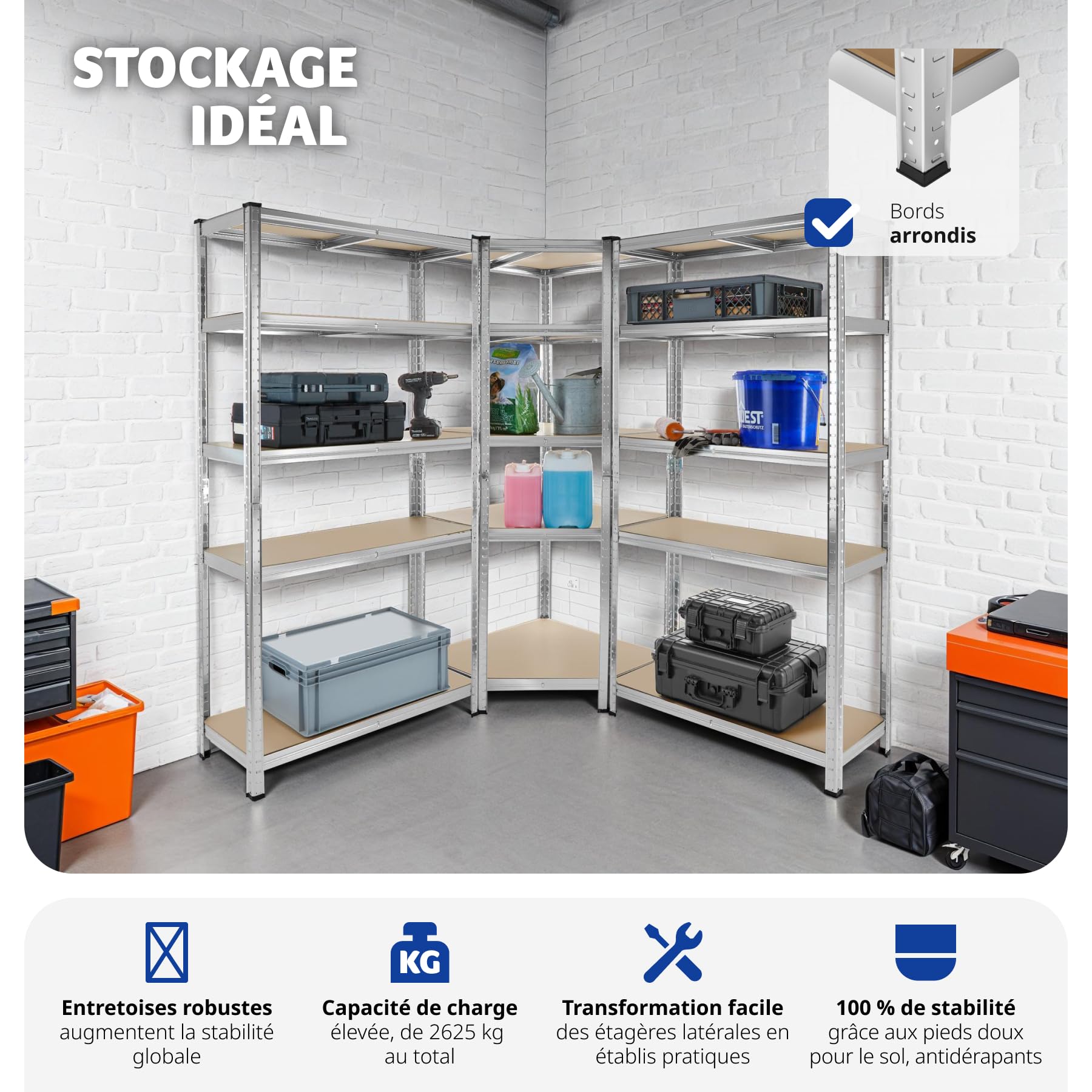 tectake® Étagère Garage Étagère Charge Lourde Meuble de Rangement modulable en métal 15 étagères Max. 175 kg par étagère Rangement Outils Rangement Atelier pneus Rangement buanderie