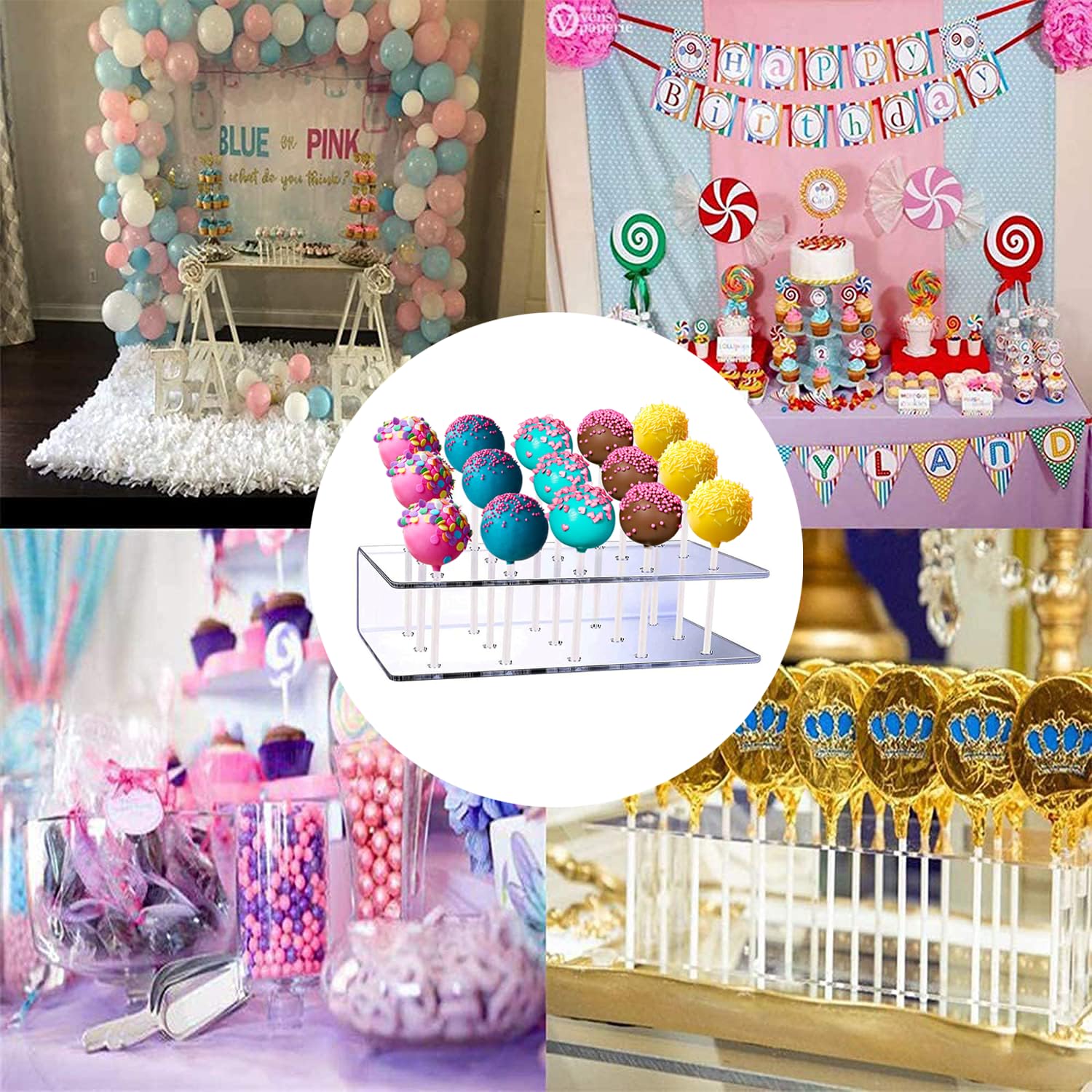 Aongch 2PCS Cake Pop Display Stand with 300 PCS Cake Pop Sticks and Wrappers Kit, 15 Hole Clear Acrylic Lollipop Holder for Weddings Birthday Parties Anniversaries Halloween Candy Red 4