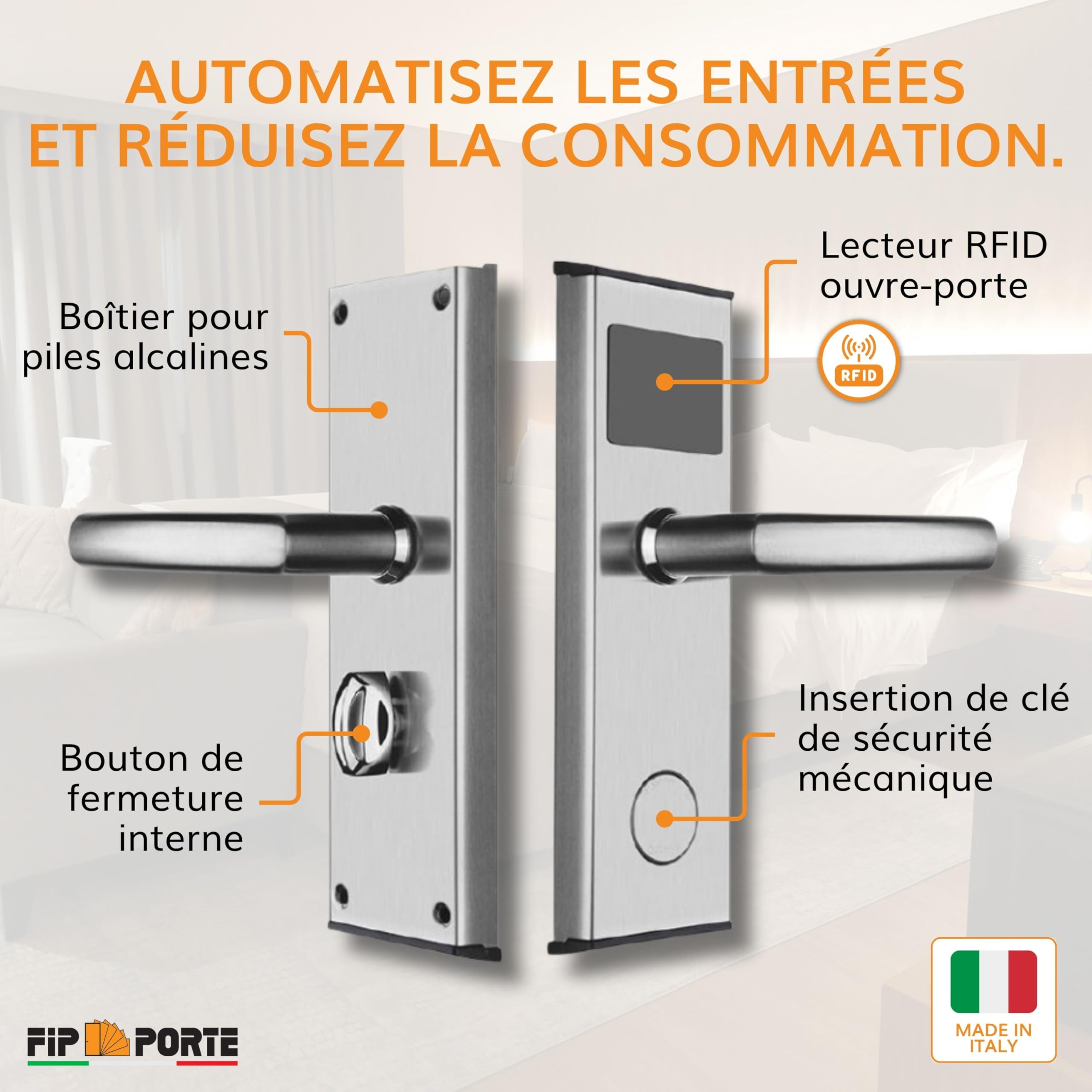 PORTE ITALIANE, Kit Poignée électronique, Lecteur RFID, Serrure Anti-panique, Contrôle d'Accès Chambres d'Hôtel et Maisons de Vacances, Poche Energy Saver, 4 Cartes RFID, Pousser à Gauche