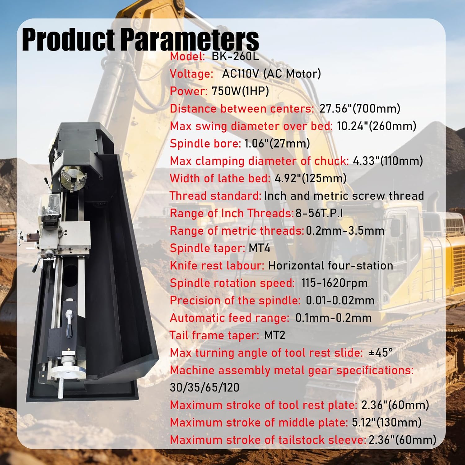 BK260L 110V Heavy-duty Precision Metal Bench Lathe 10.2"*27.6" AC Motor Metric Screw Thread Way Wood Horizontal Processer