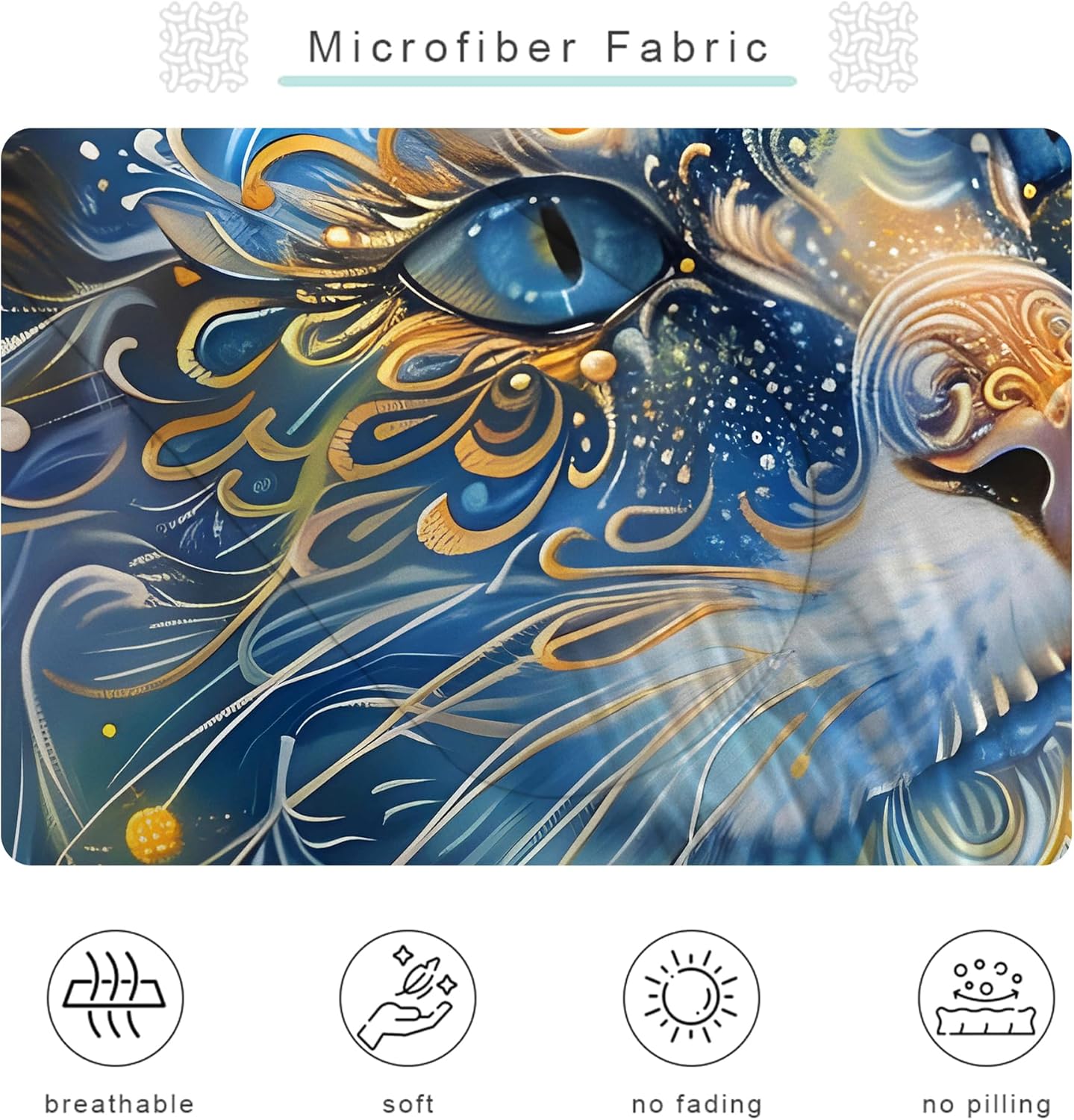 Cat Comforter Set King: Blue Cat Print Bedding Sets Mystic Ethnic Kitten Quilts for Women Men Adults Mandala Boho Exotic Feline Bed Set 1 Comforter & 2 Pillowcases