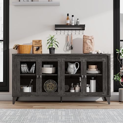 LUXOAK Aparador de estilo rústico con puertas de cristal, aparador industrial de madera de 63 pulgadas con estantes ajustables, mesa consola para