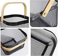Vista 4 de Cesta de acero de malla metálica, cesta organizadora de almacenamiento, cesta de cocina colgante multifuncional, cesta de frutas con mango de bambú