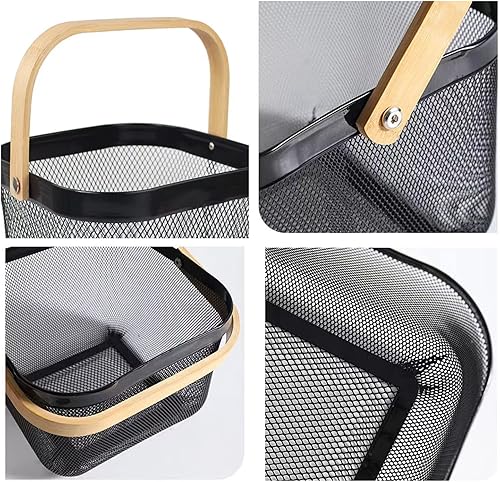 Miniatura 4 de Cesta de acero de malla metálica, cesta organizadora de almacenamiento, cesta de cocina colgante multifuncional, cesta de frutas con mango de bambú