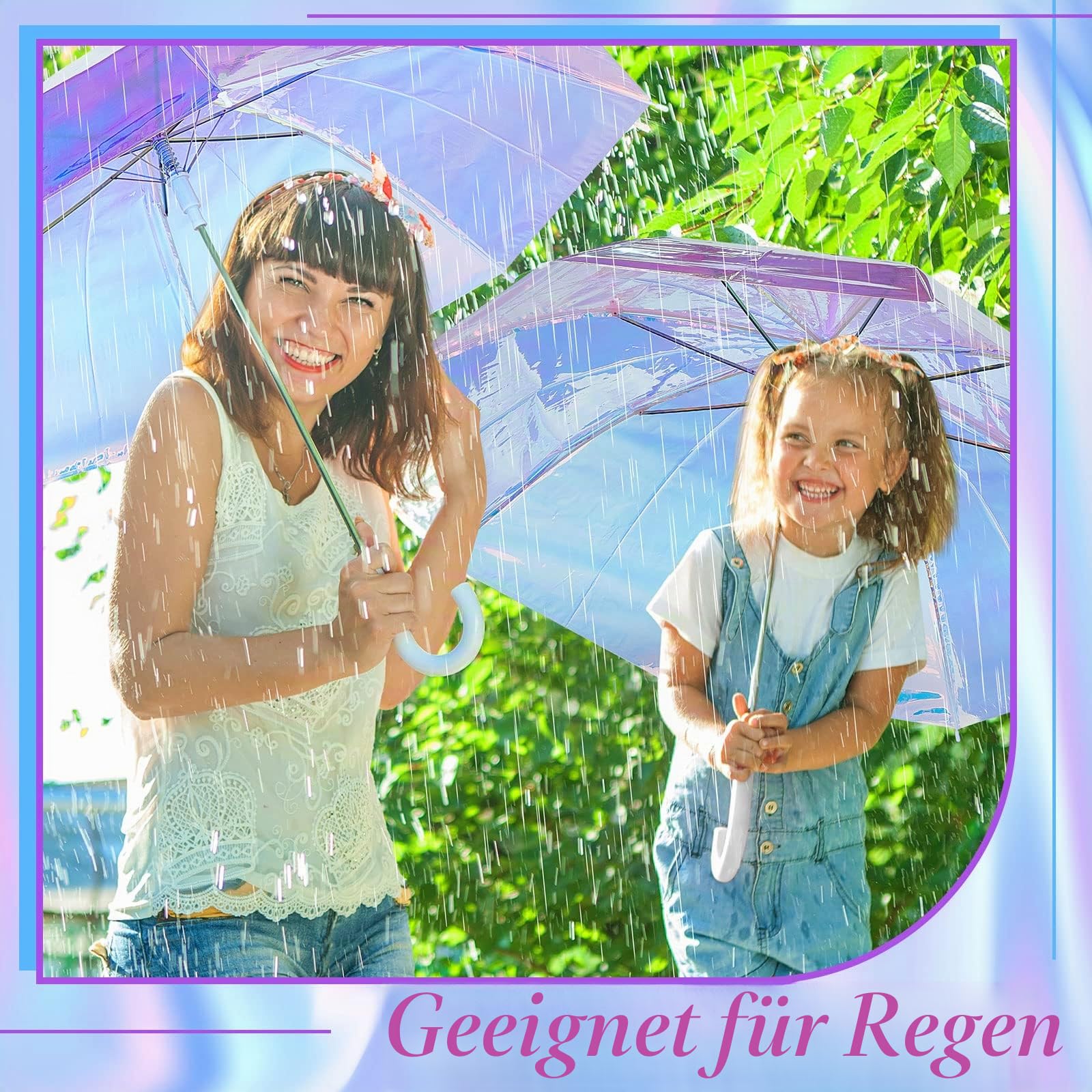Dunzy Holografischer breiter Regenschirm, schillernd, klarer Regenschirm für Hochzeit, automatisches Öffnen, Winddicht, Sonnenschirm, J-Haken-Stick, Regenschirm, 99 cm (2 Stück)