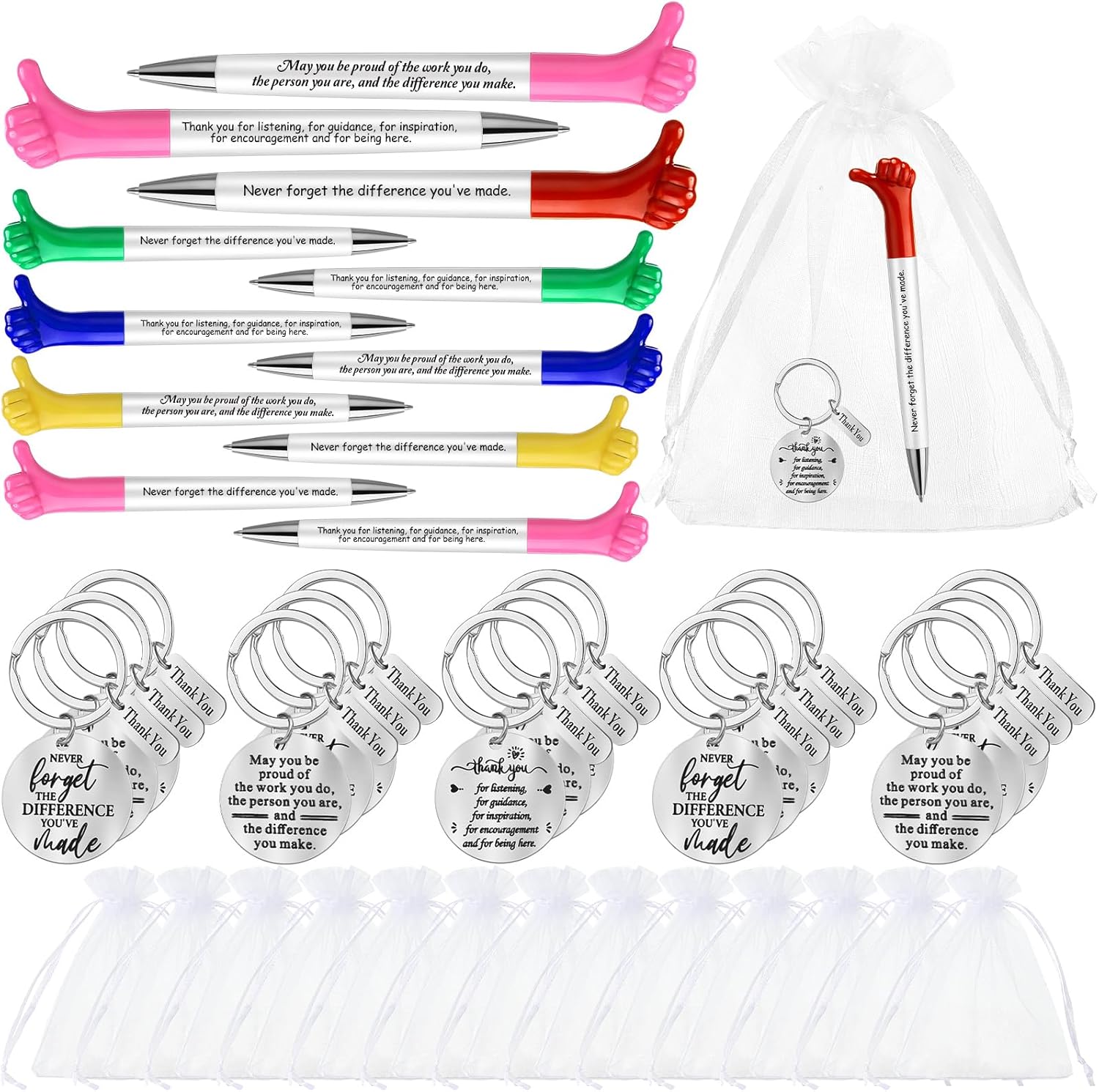 Fumete 90 Pcs Inspirational Gifts Set Employee Appreciation Gifts Bulk Thumbs up Pens Motivational Quotes Pens Thank You Keychain Organza Bags for Volunteer Teacher Nurse Appreciation