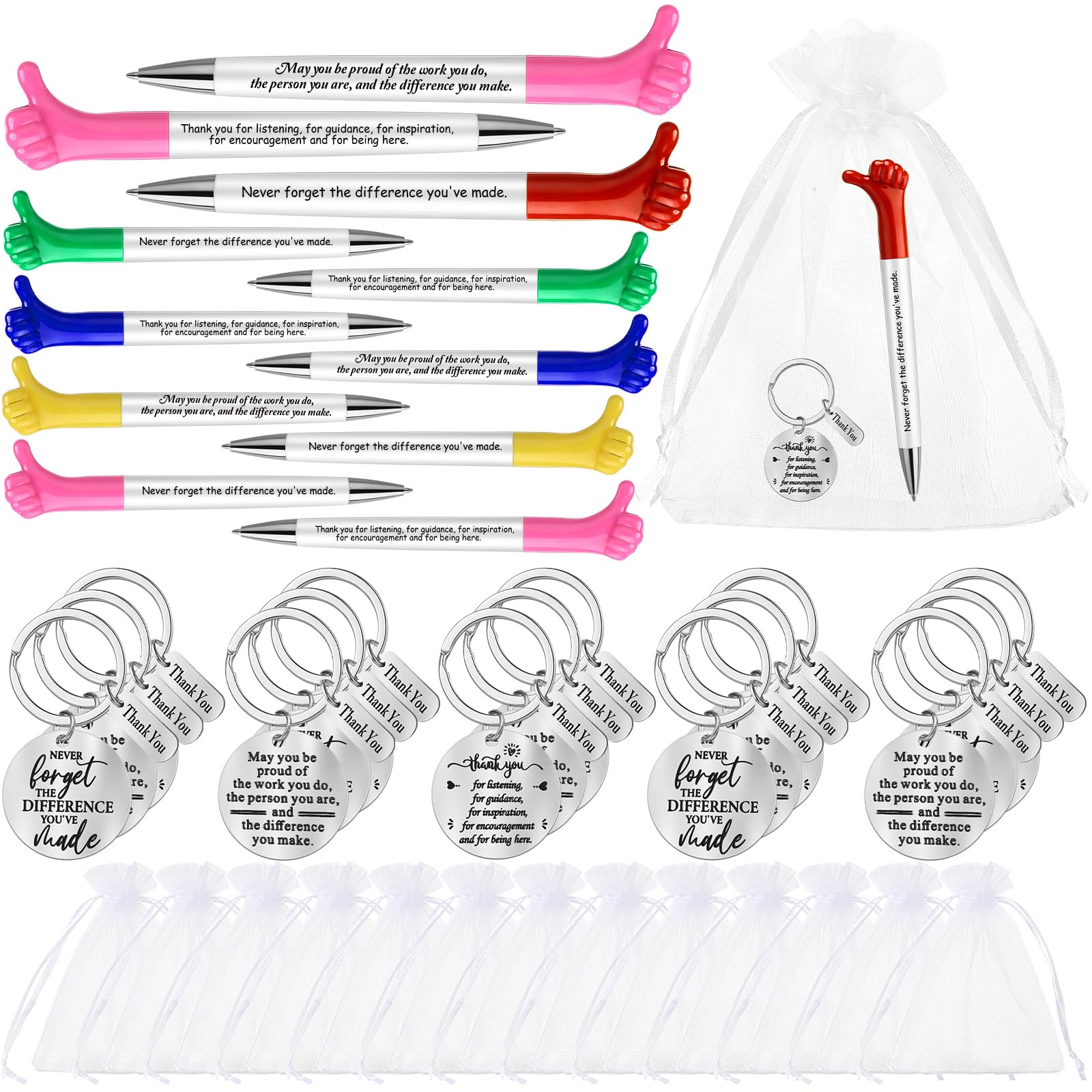 Fumete 90 Pcs Inspirational Gifts Set Employee Appreciation Gifts Bulk Thumbs up Pens Motivational Quotes Pens Thank You Keychain Organza Bags for