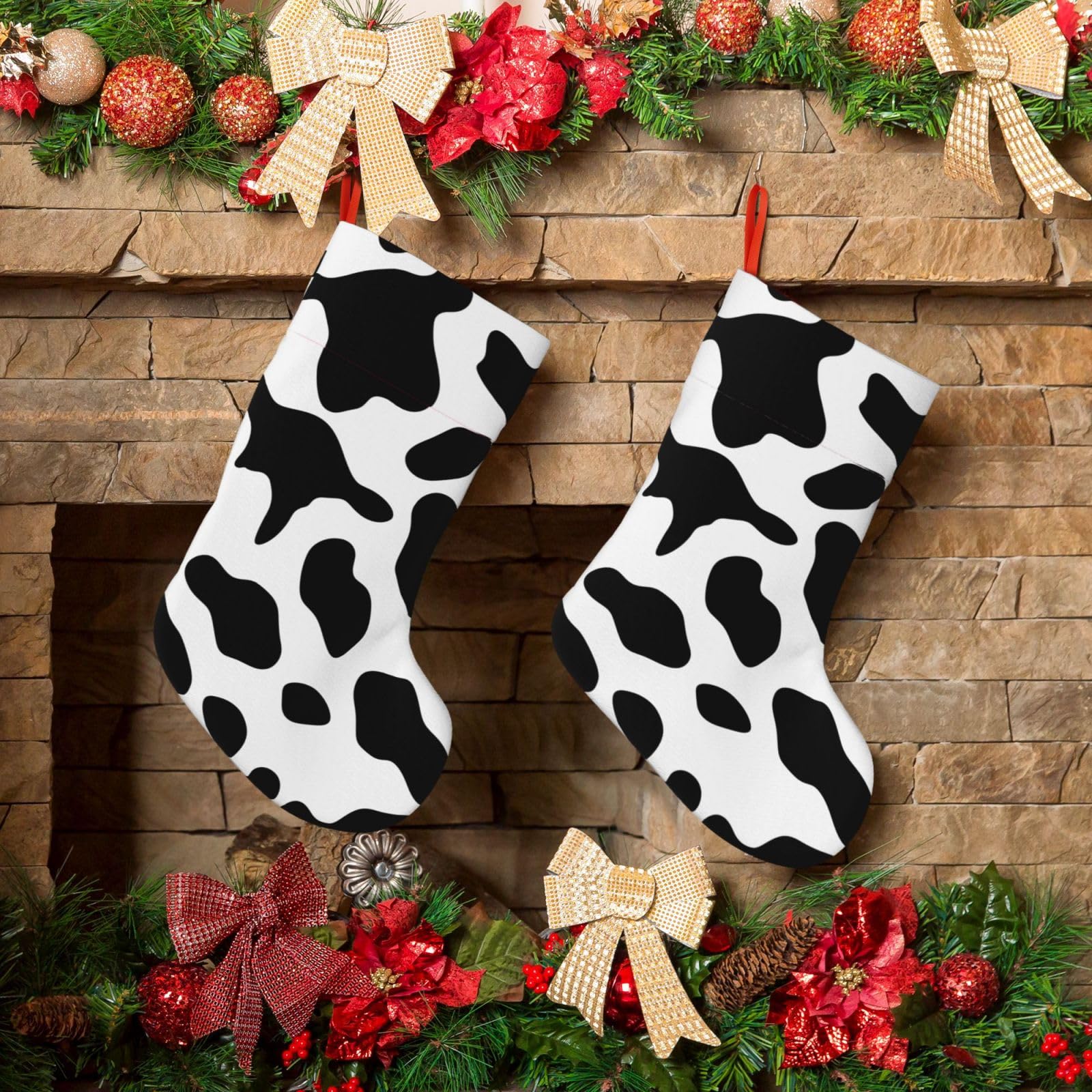 Fodpand Boys Black And White Cow Print Christmas Stockings Hanging Ornaments For Holiday Decor, 18 Inches Velvet Fireplace Hanging Xmas Stocking, Candy Gift Bags For Christmas Decorations