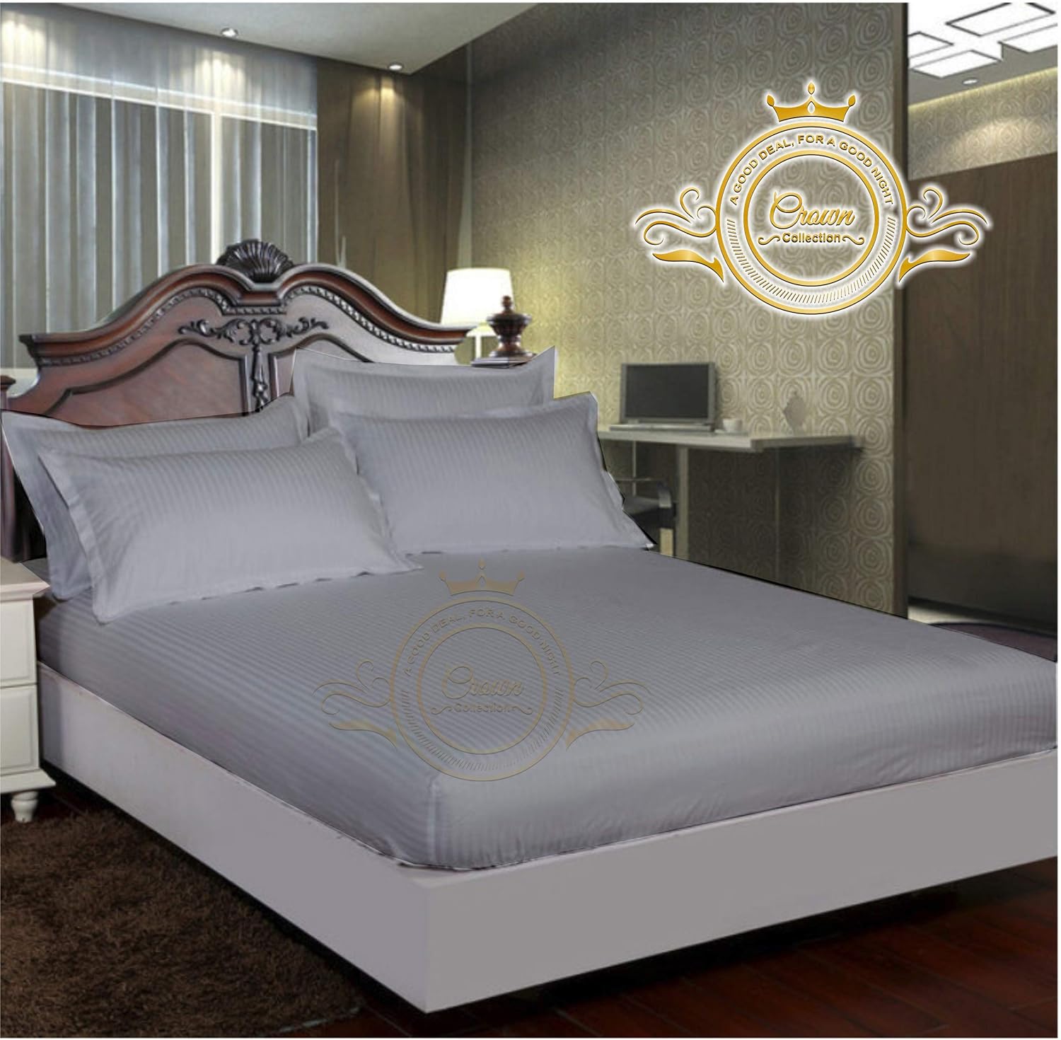 Crown Collection Premium Quality 600-Thread-Count 100% Egyptian Cotton 1 Piece Fitted Sheet with 12" Deep Pocket 60X80 Queen Size Damask, Silver Striped