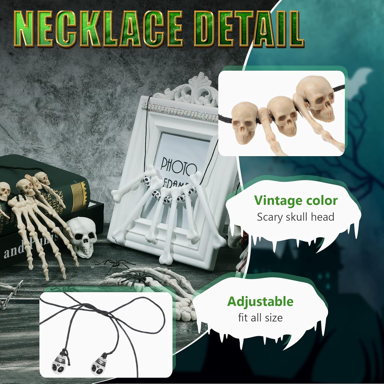 Cunno 2 Pieces Halloween Bone Necklace Skull Pendant Necklace Tooth Hand Bone Halloween Choker Necklace Prehistoric Caveman Costume Jewelry Accessories for Cosplay Party Bar Decor - Image 6