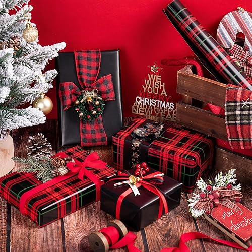Miniatura 4 de WRAPAHOLIC Papel de regalo reversible a cuadros, mini rollo, 17 pulgadas x 33 pies, papel de regalo de Navidad a cuadros rojos y negros para 2-Rojo