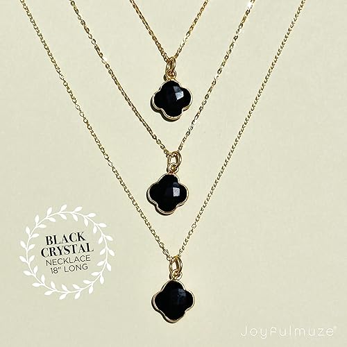 Miniatura 5 de Joyfulmuze Genuine Tourmaline Necklace, Black Crystal Carved Four Leaf Clover Shape, 925 Sterling Silver Plated 14K Gold Jewelry