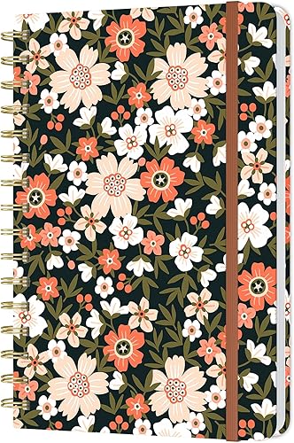 Cuaderno de espiral con tapa dura para mujer, 8.4 x 6 pulgadas, 160 páginas de papel grueso, bonitos cuadernos estéticos florales a rayas