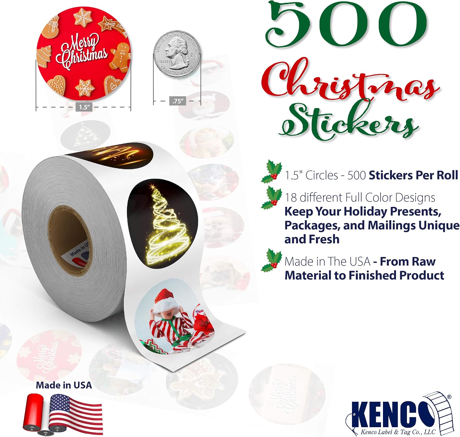 Winter Holiday Christmas Stickers, 1.5" Circle Seals, 500 Labels for Packaging, Presents, and Envelope Mailing. Made in The USA! (Christmas, 50 Rolls)