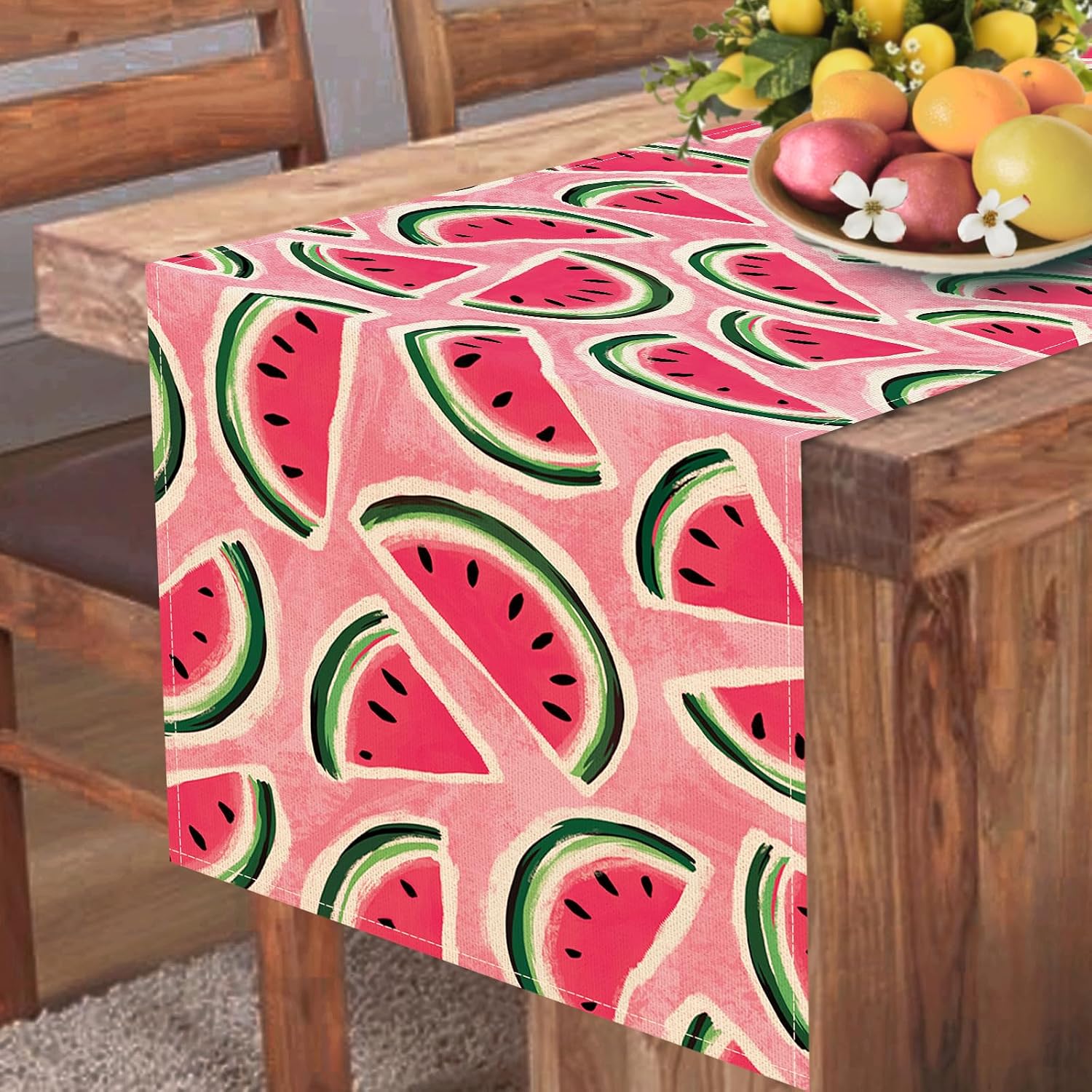 Summer Watermelon Table Runner, Pink Melons Fruit Kitchen Dining Table Decoration, Seasonal Indoor Outdoor Home Decor Party Supply 13 x 72 Inch