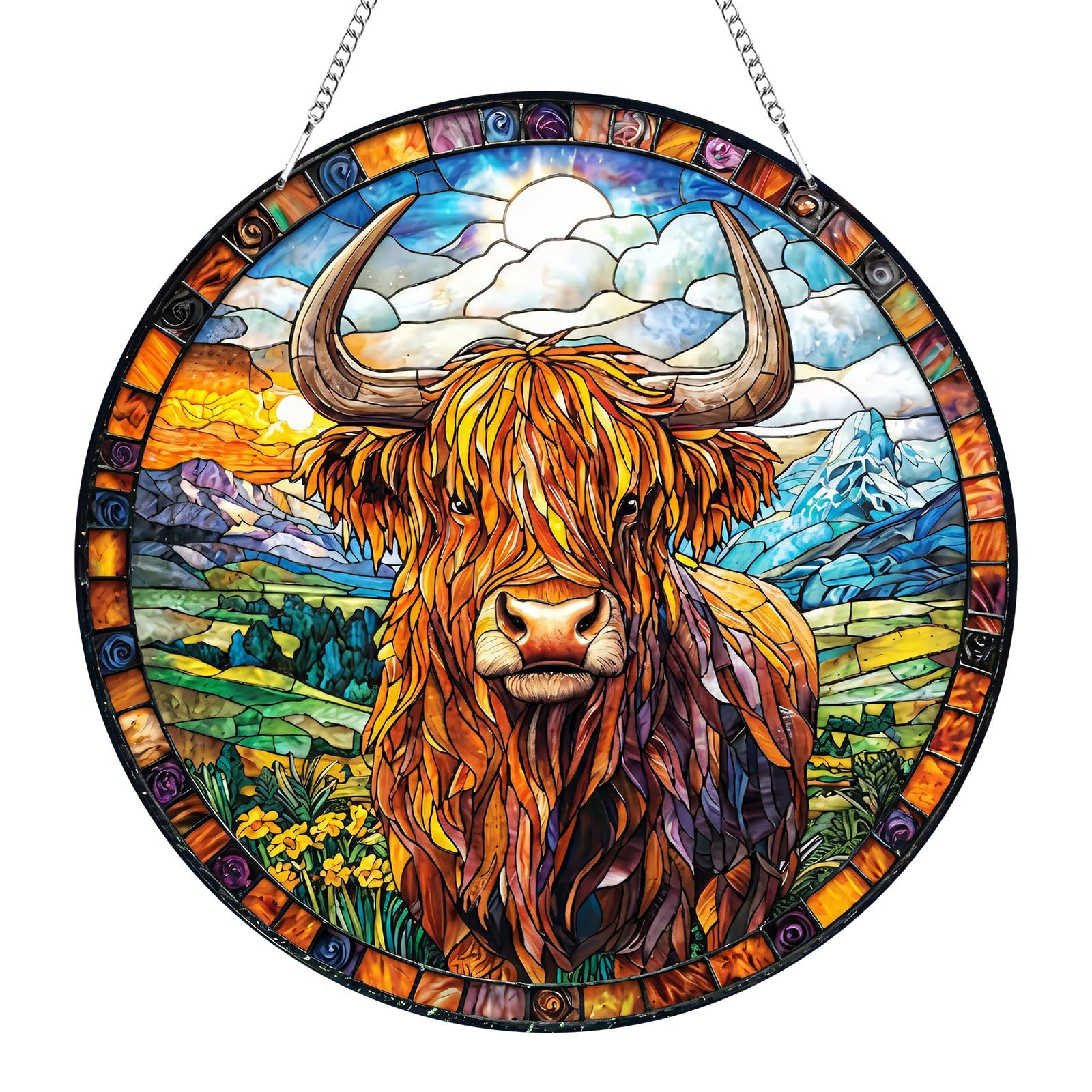 Twilight Highland Cow Suncatcher, Stained Glass Style Acrylic Sun Catchers for Windows, Colorful Highland Cow Ornament Gift, Window Hanging Decor for Home, Garden and Balcony