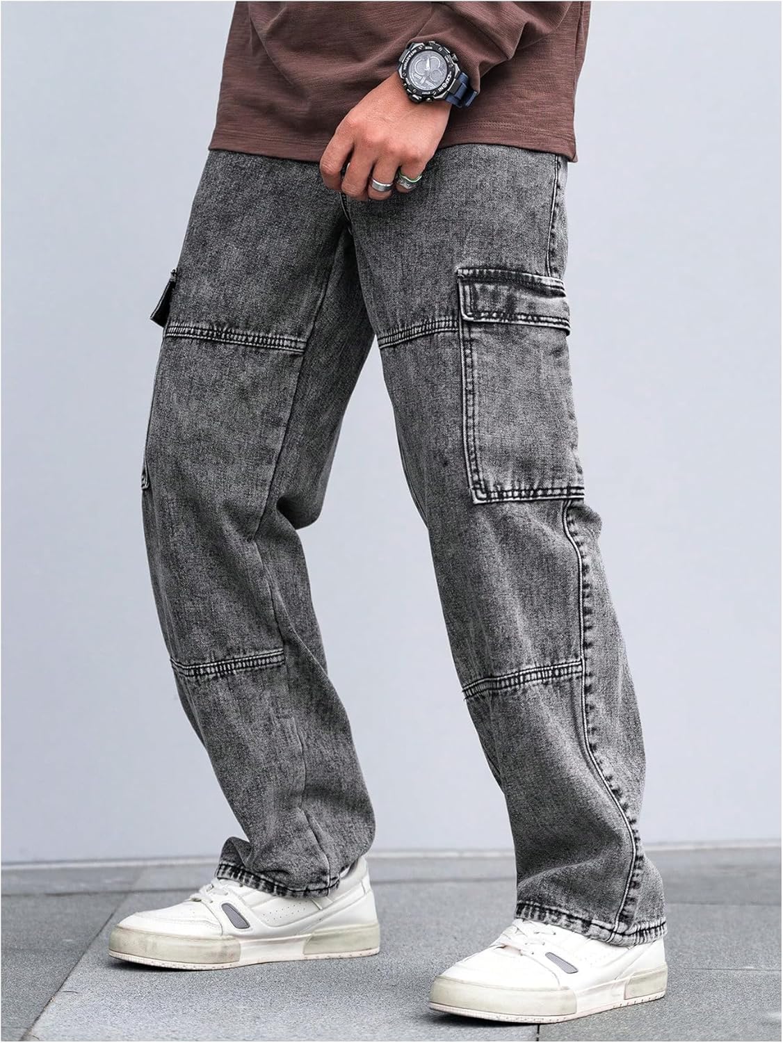 Verdusa Men's Cargo Jeans Streetwear Drawstring Waist Straight Leg Denim Pants with Pockets - Image 5