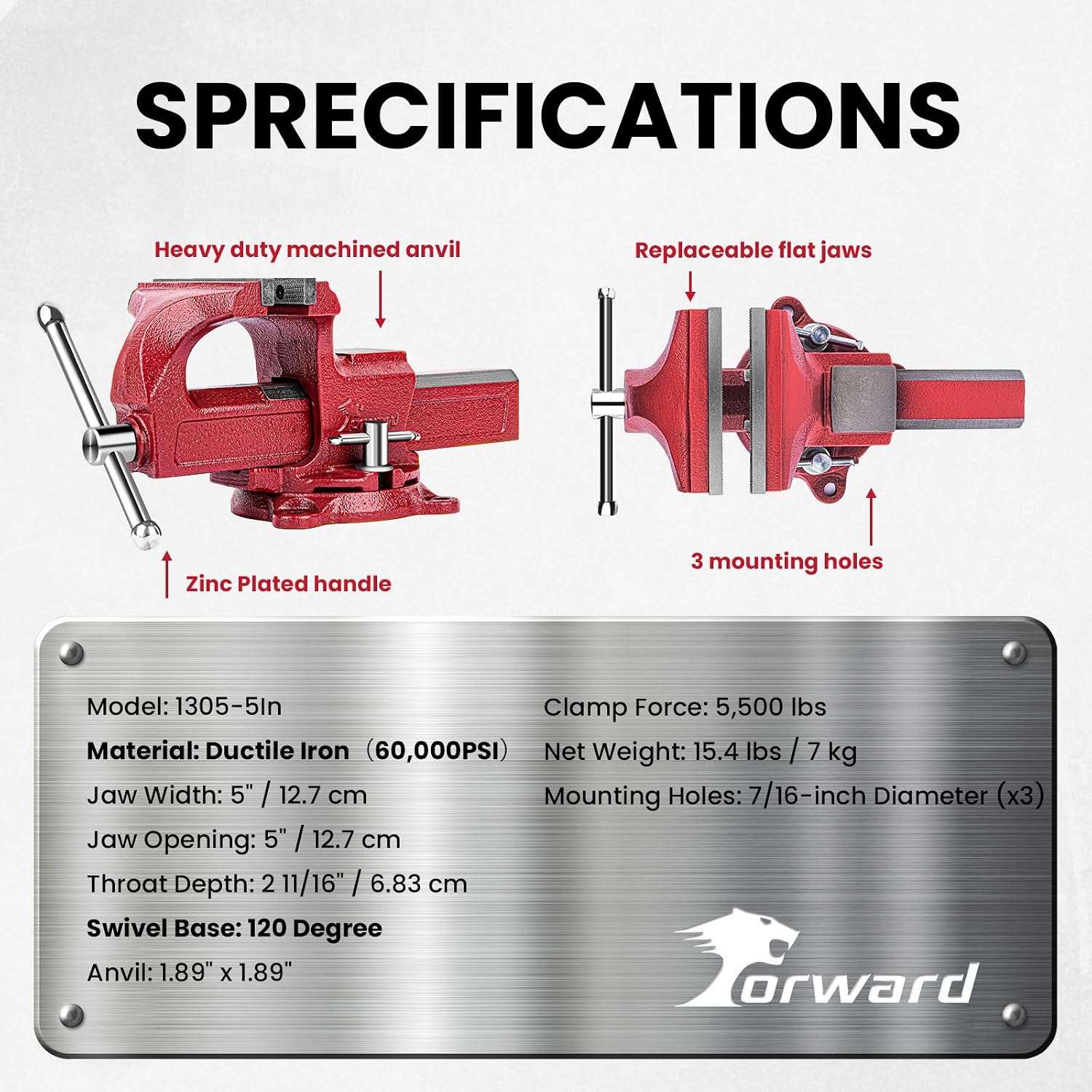 Forward 1305 5 Inch Bench Vise Workbench Vise with Anvil and Swivel Base | 5,500LBS Clamping Force | 5" Jaw Width, 5" Max Jaw Opening, 2 11/16" Throat Depth