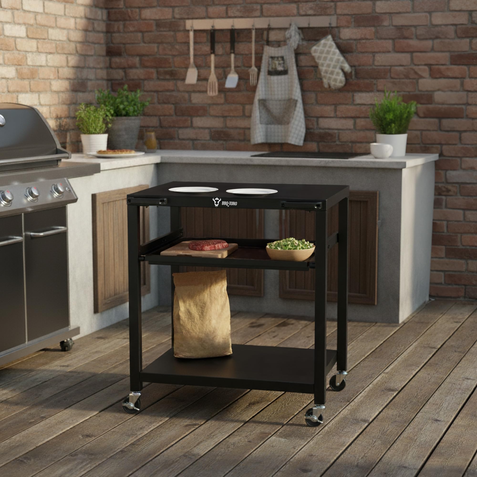 BBQ-Toro Carro de barbacoa de 80 x 65,5 x 86,5 cm, color negro, mesa de barbacoa con gran superficie de trabajo, mesa auxiliar para barbacoa, carrito para exteriores, mesa de barbacoa para exteriores