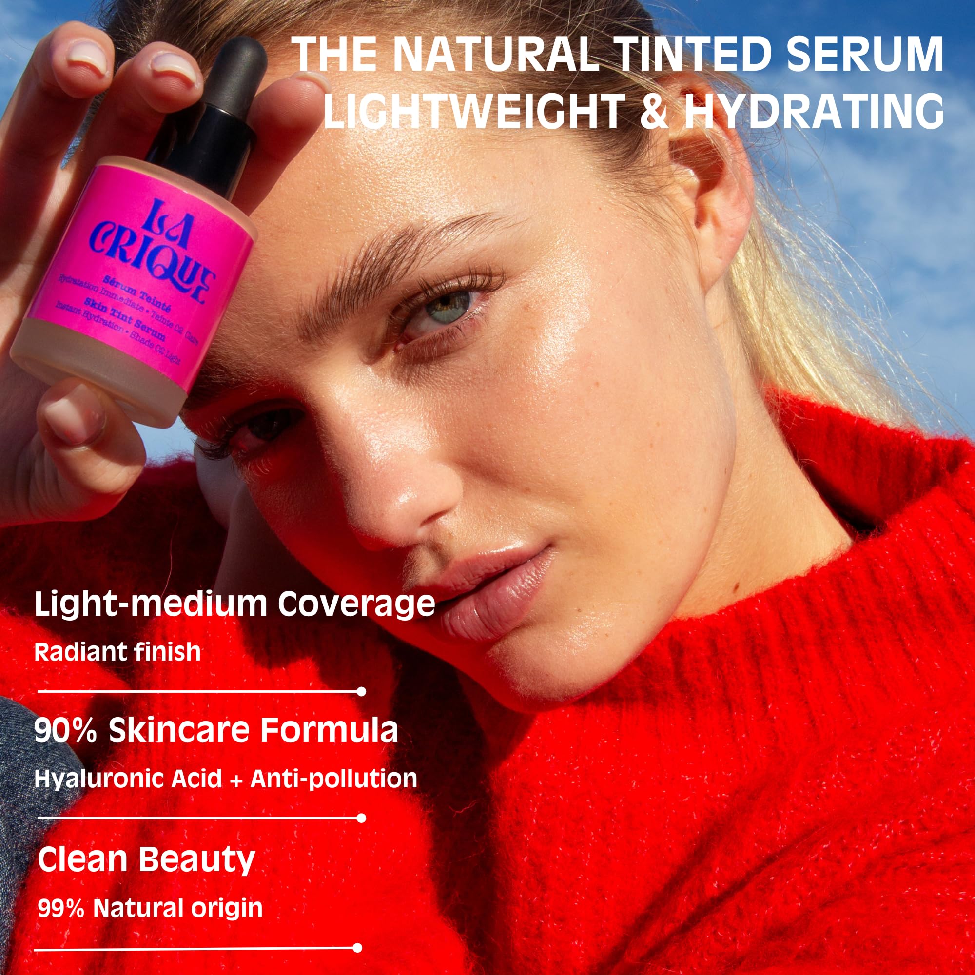 La Crique - Siero tinto idratante 30 ml - Pelle secca molto secca - Finitura naturale Glowy - Acido Ialuronico - 99% naturale - Cura vegana - 00 porcellane