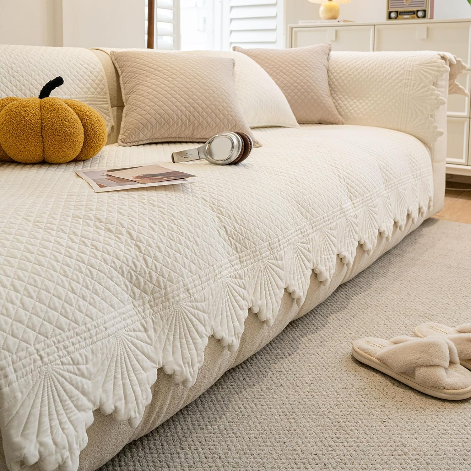 vctops Shabby Chic 100% Cotton Quilted Couch Cover Washable Leaf Plaid Embroidered Sofa Cover Non-Slip Soft Sofa Slipcover Washable Furniture Protector (Cream,28"x59")