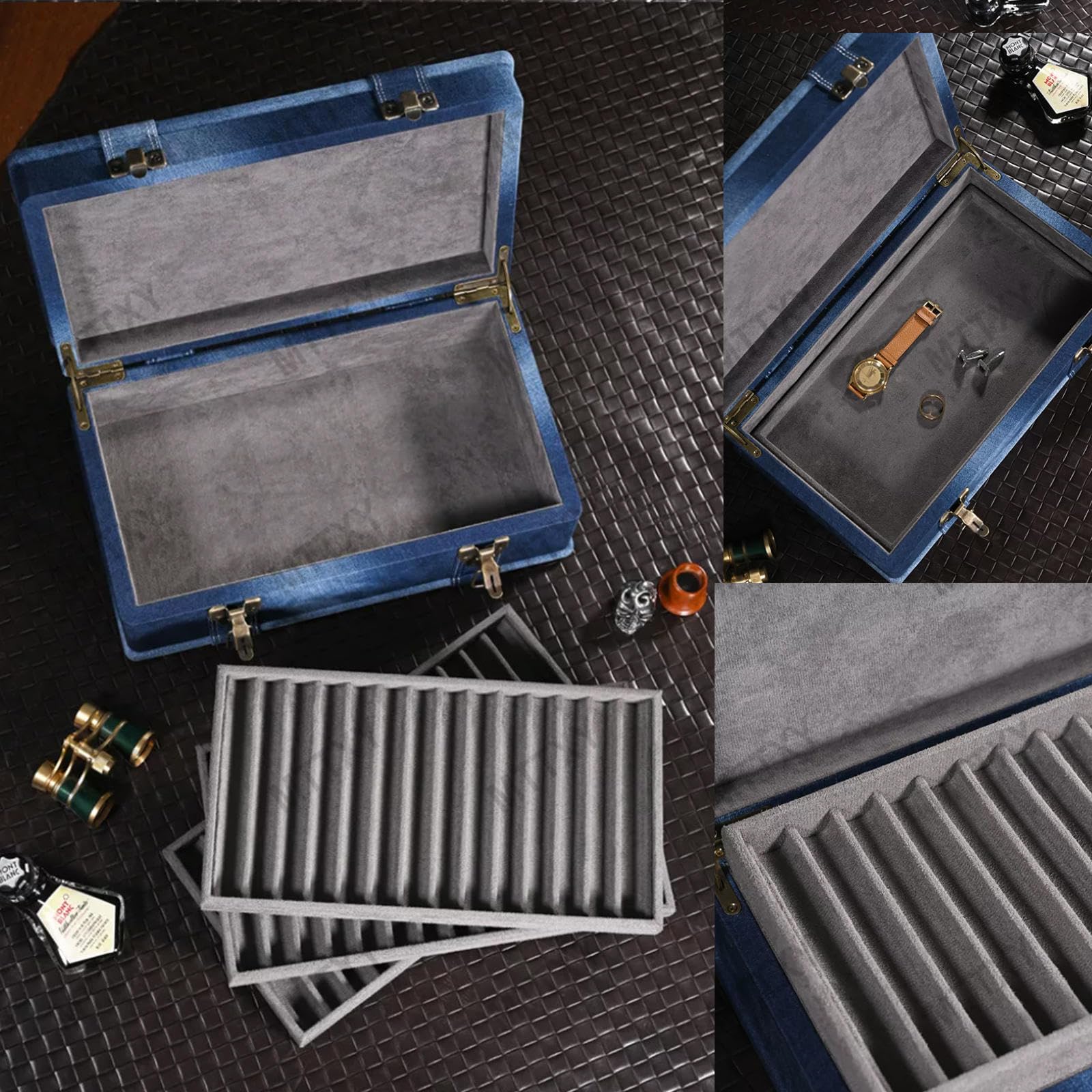 Scatola Portapenne in Denim 14 Scomparti per Scrivania | Organizer per strumenti di scrittura con vassoi removibili, interno morbido e chiusure in metallo.