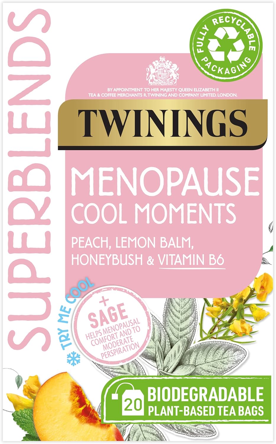 Twinings Superblends Menopause Cool Moments Peach Herbal Tea infusion with Lemon Balm, Honey
