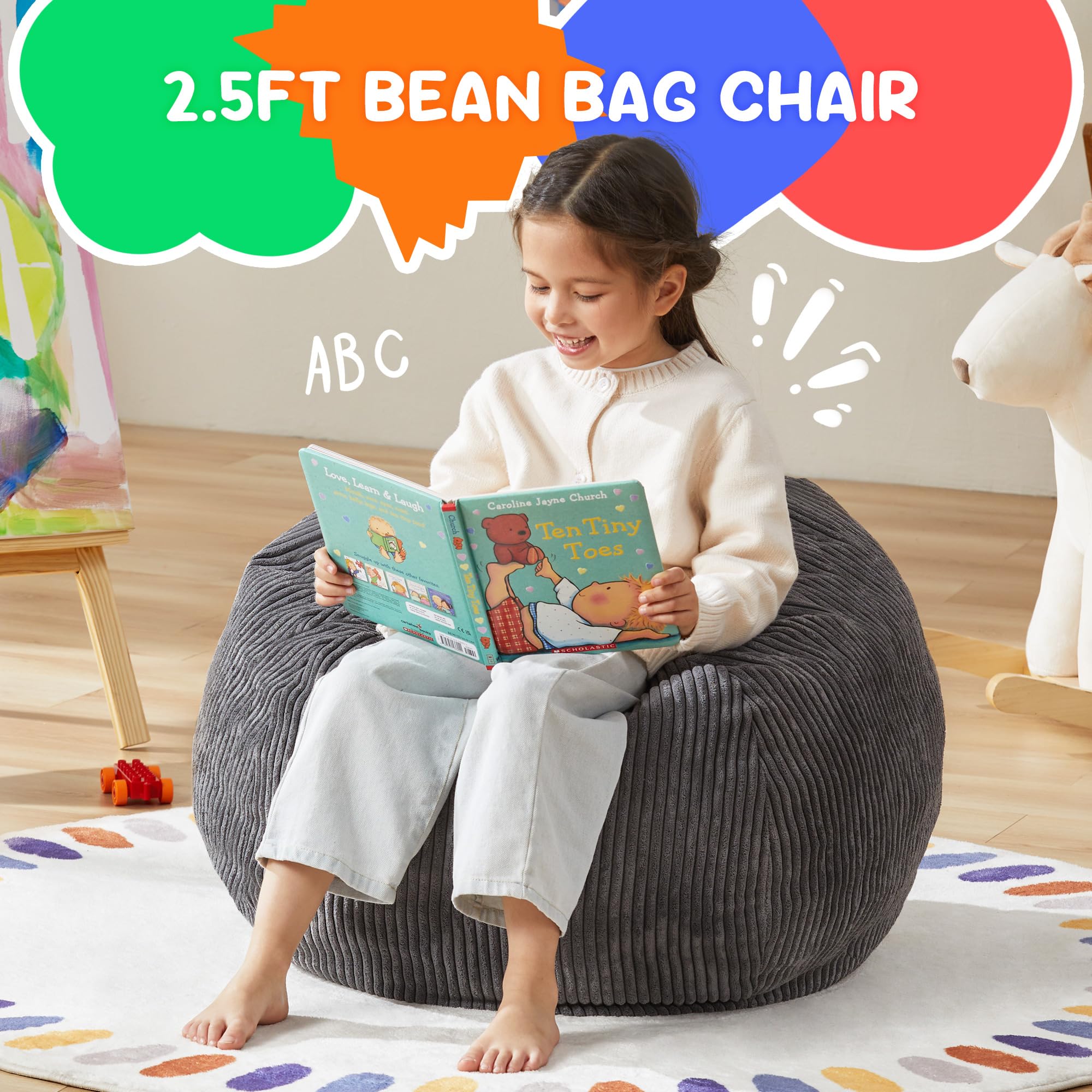 Hobestluk Sitzsack für Kinder, Tropfenform, abnehmbarer Bezug, Grau, 52 x 54,9 x 74 cm
