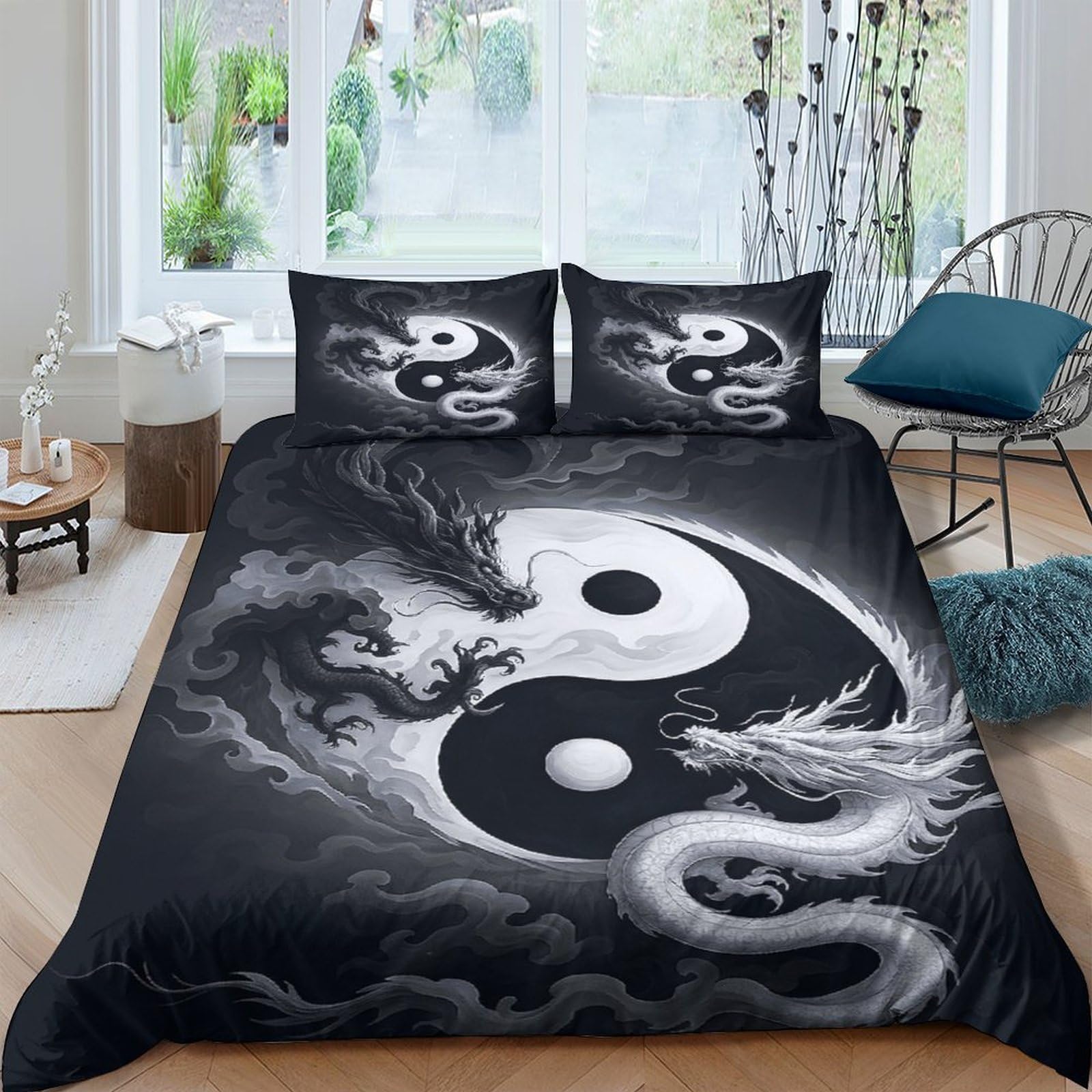 Ctjqhvkz Style-5 3D Printed Yin Yang Dragon Fitted Sheet Microfiber Soft Breathable Black White Bed Cover For Bedroom Dorm Decor Single（135X200cm）