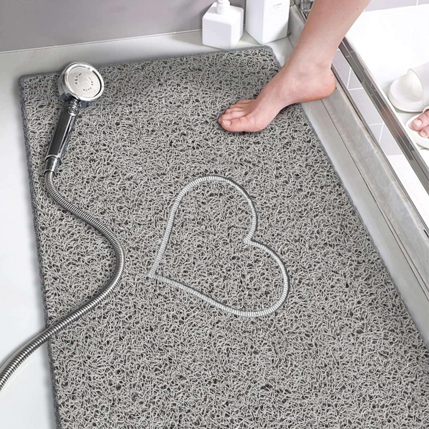 Nicoman Heart Long Bath Mat Non Slip Anti Mould, 40x100 cm Bath Mats for Inside Shower, Rectangular Loofah Grey Bathmats for Bathtubs Toilet Bathroom Floor, PVC Bathtub Mat for Elderly