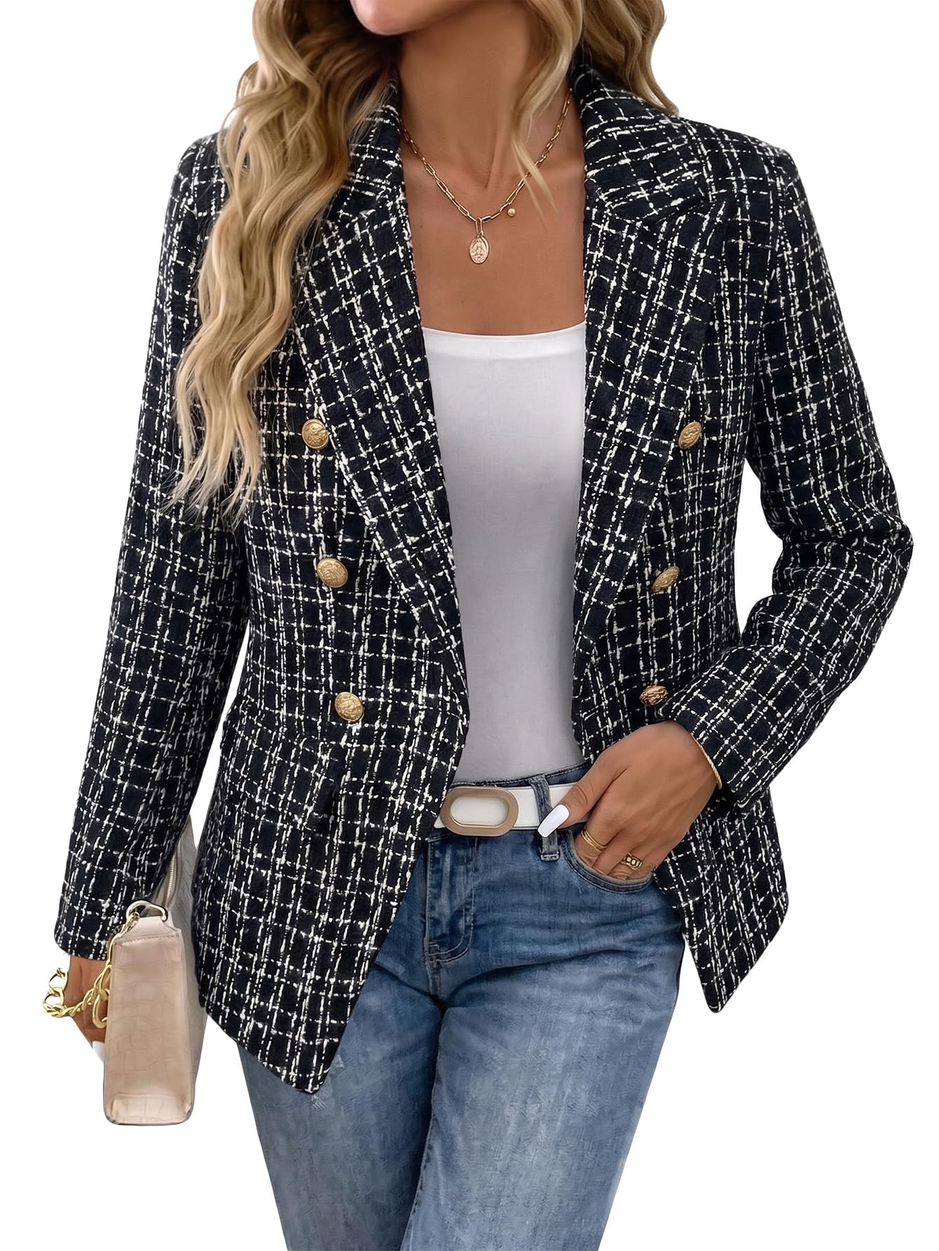 2026 Spring Women's Tweed Plaid Blazer Jacket - Double-Breasted Fully-Lined Slim Petite Cute Casual Work Pocket-image-36