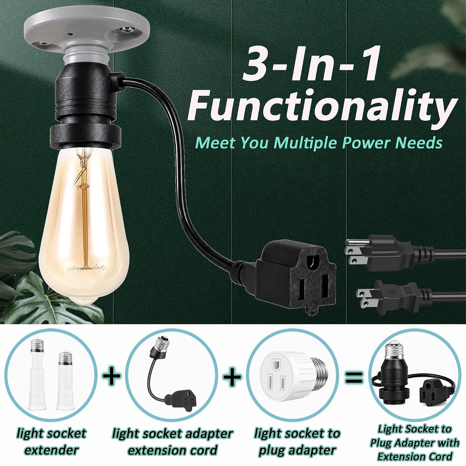 Light Socket Outlet Adapter, Convert E26E27 Bulb Socket to 3-Prong Outlet | With 12-inch Extension Cord, Professional Materials, Stability Performance, Quick Installation, No Tools Required