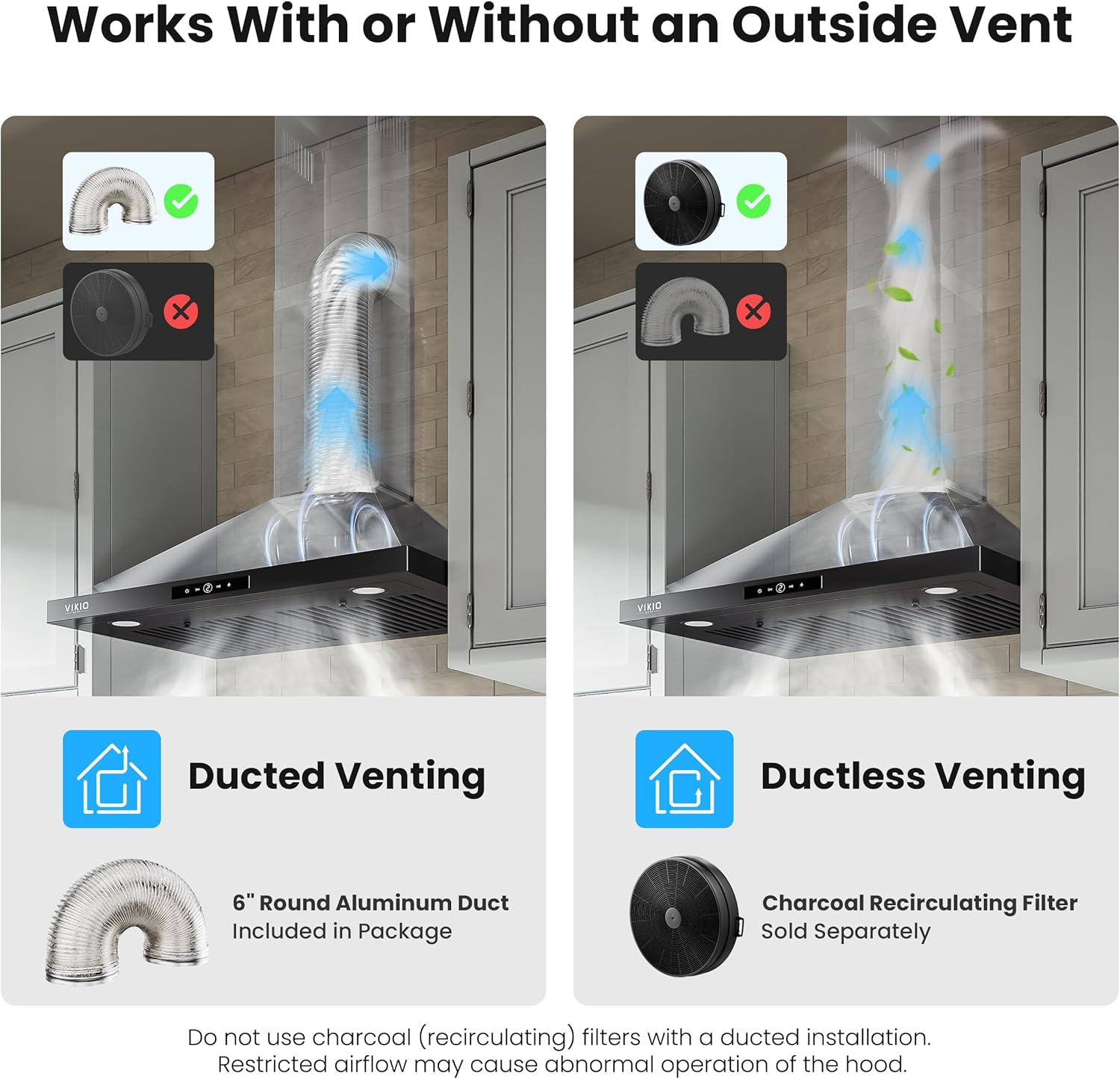 Diagram illustrating ducted and ductless venting options for the range hood.