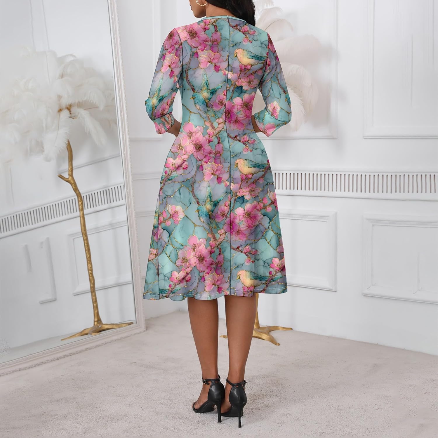 Midi Dresses for Women Casual 3/4 Sleeve Flowy Wedding Dress Plus Size Sundress with Pockets - Image 5