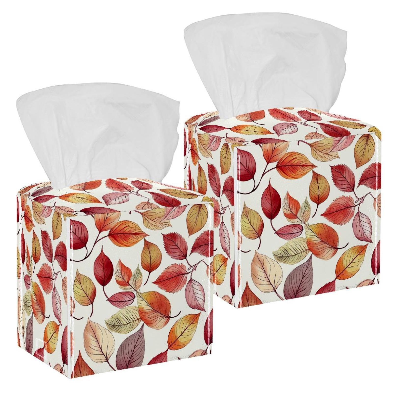 Leaves Tissue Box Cover, 2 Pack PU Leather Square Facial Tissue Dispenser Box holder for Home Office Car