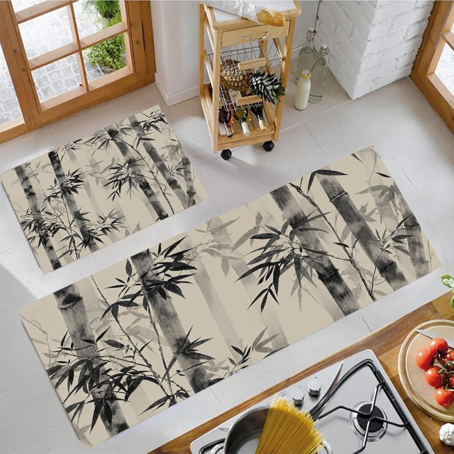 2 Pcs Kitchen Rugs and Mats Black and White Ink Painting Style Kitchen Rug Sets, Bamboo Forest Floor Mats Washable Non Slip Rug Runner for Office Sink Laundry 20"x32"+20"x71"
