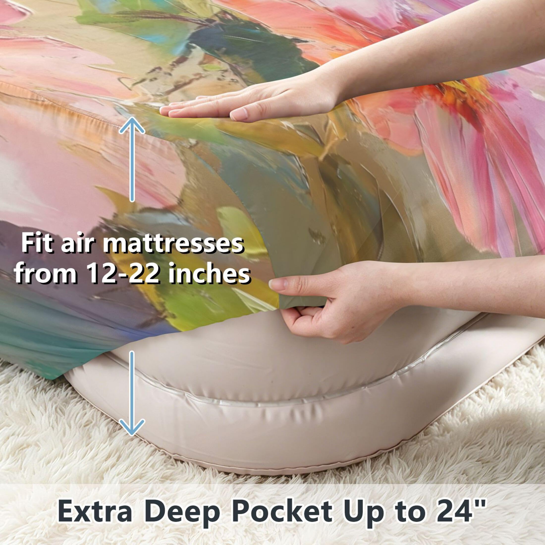 Colorful Birds - Sábana bajera ajustable individual para colchón de aire, bolsillo extra profundo de 24 pulgadas, funda suave y transpirable con apertura de válvula de cremallera para cama de