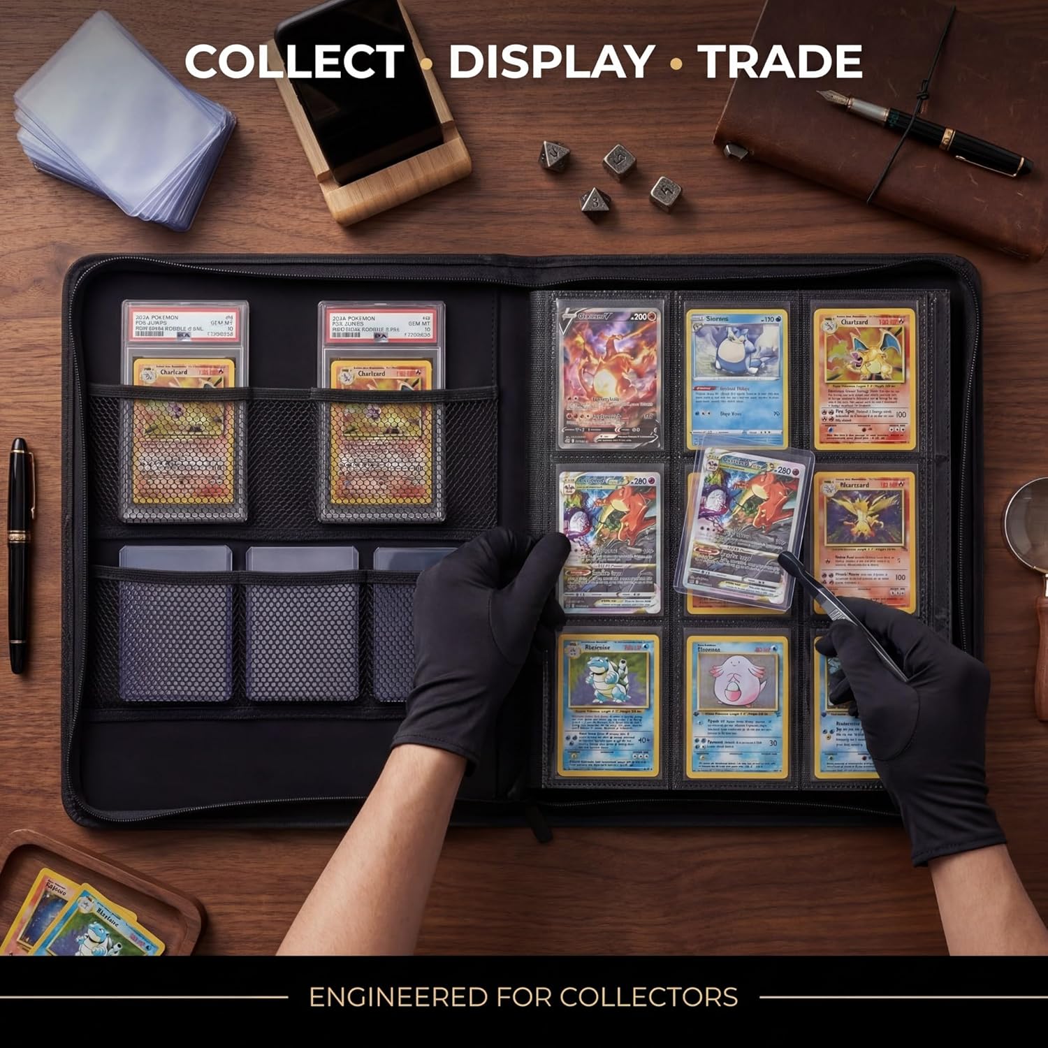 Toploader Binder 9 Pocket Holds 360 Toploaders - Collector Kit Gloves, Tweezers & Gift Box - Holder for 3x4 Top Loaders - Mesh Pocket for Top loader Zippered Storage Album TCG & Sports Cards