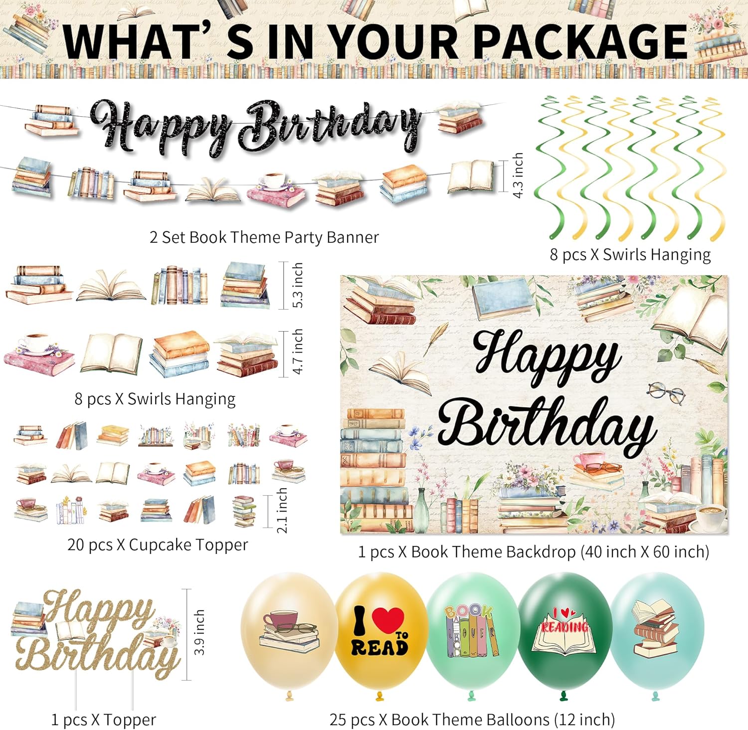 Book Birthday Party Decorations, Retro Library Reading Theme Story Book Club Party Supplies, Plate, Napkin, Cup, Banner, Backdrop, Tablecloth, Balloon, Topper, Swirls, Cutlery, Serves 24