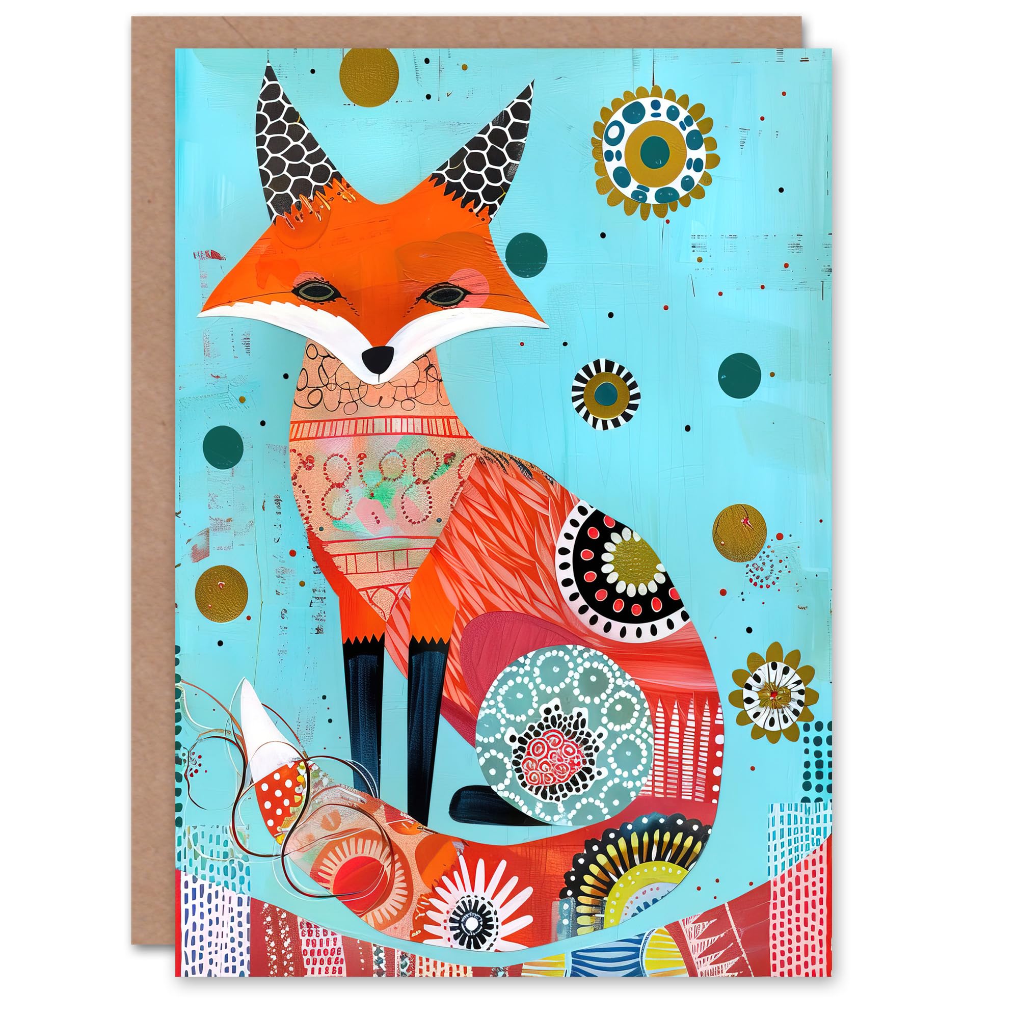 Artery8 Fox Folk Art Portrait Colourful Pattern Design Greeting Birthday Card Him Her All Blank