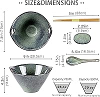 Vista 2 de UNICASA Juego de 2 cuencos japoneses para ramen con palillos, cucharas y reposos, 26 onzas, para fideos de porcelana profunda, para Udon, Pho, Verde