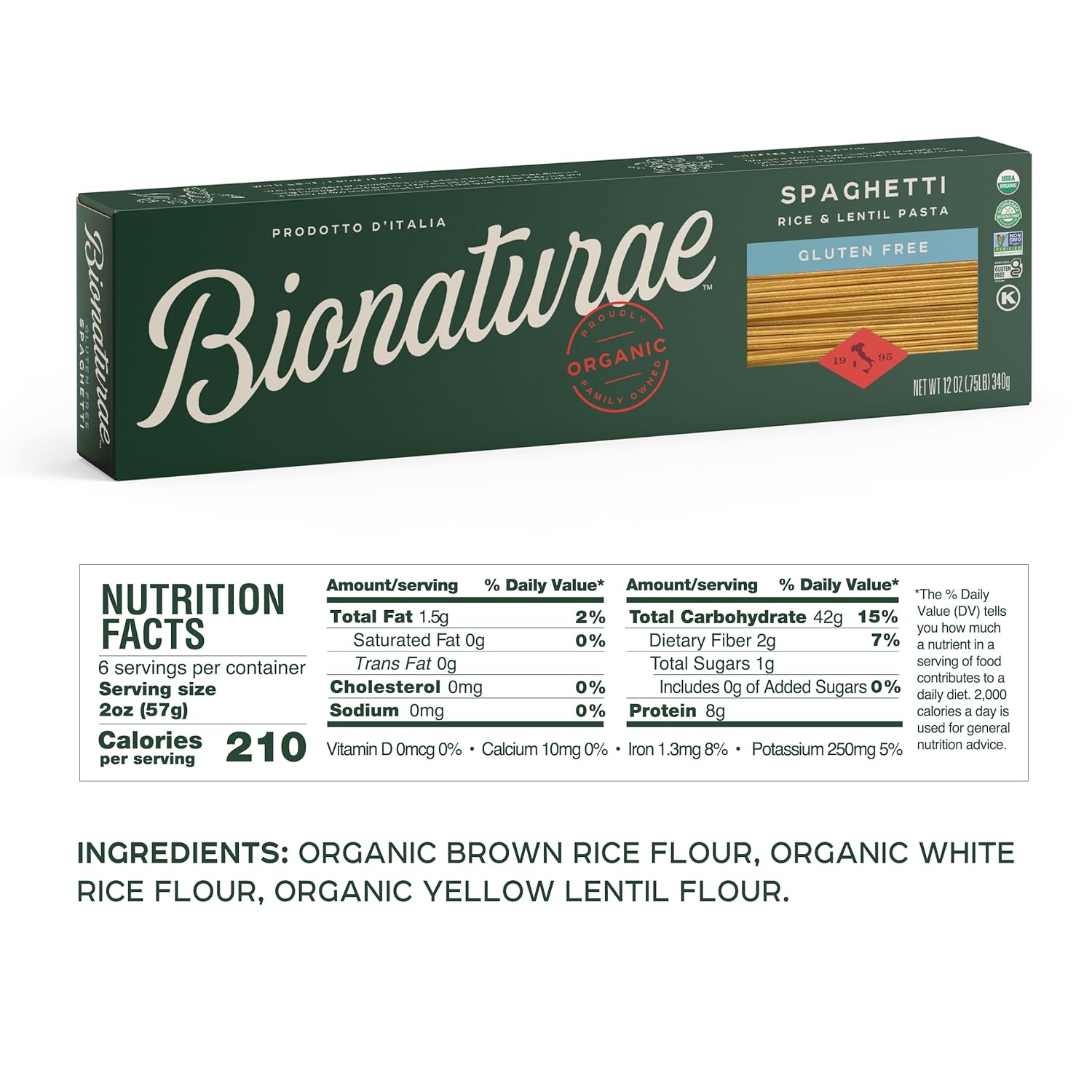 Bionaturae Spaghetti Pasta Noodles - Gluten Free Spaghetti Pasta, Rice & Lentil Pasta, Kosher, High Protein, Non-GMO, USDA Certified, Gluten Free Spaghetti Noodles, Crafted in Italy - 12 Oz, 3 Pack